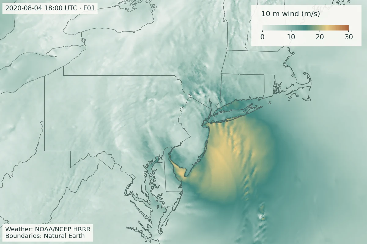 Regional historical HRRR forecast of 10 metre wind speed across the Mid-Atlantic and Northeast during Isaias, valid 2020-08-04 18:00 UTC; colour scale 0–30 m/s, with an in-map legend and no city labels.