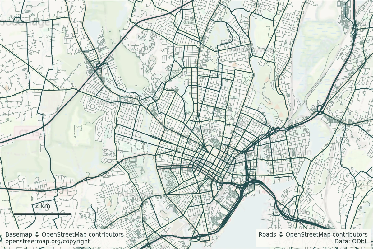 Dense public road network around New Haven and its harbour, drawn in muted green over a pale street basemap; no utility circuits are included.
